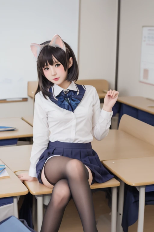 {an extremely delicate and beautiful girl}, 8k wallpaper, {{{masterpiece}}},([1girl:sitting:1]:1.1), cat ears, large breasts, blush, school uniform, (slim legs:1.25), black thighhighs, loafers, [short hair:brown hair:1], (looking at viewer:1.2), classroom