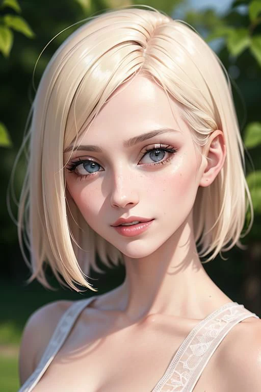 masterpiece, best quality, ultra-detailed, 8k, portrait, sharp focus, 1woman, platinum blonde hair, short hair, 32 years old, looking at viewer, smile, highly detailed skin, beautiful detailed face, seductive, hot, sexy, beautiful realistic eyes, pink full lips, bright vibrant lipstick, white collared shirt, depth of field, professional dslr photography, film grain, detailed garden background, intricate details