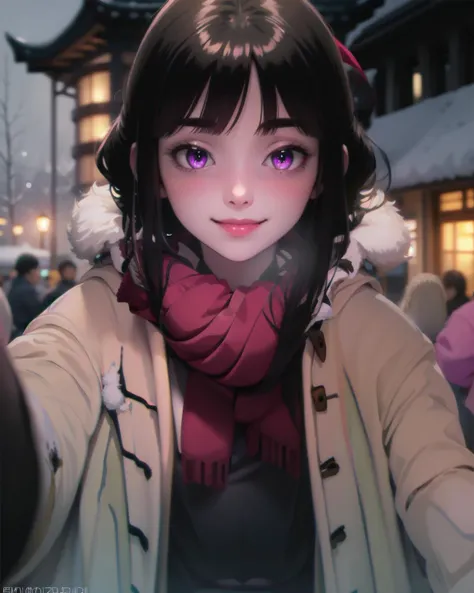 masterpiece, best quality, <lora:HD_Horizon_v1_0:1>
Snow covered temple  <lora:Oryou:0.8> Oryou  , black hair, purple eyes, IncrsChkWarmingMeme, pov  ,  winter clothes  ,  smile, blush, black scarf, red neckerchief, black serafuku, black shirt,  red thighhighs          <lora:PovCheekWarmingMeme:1>