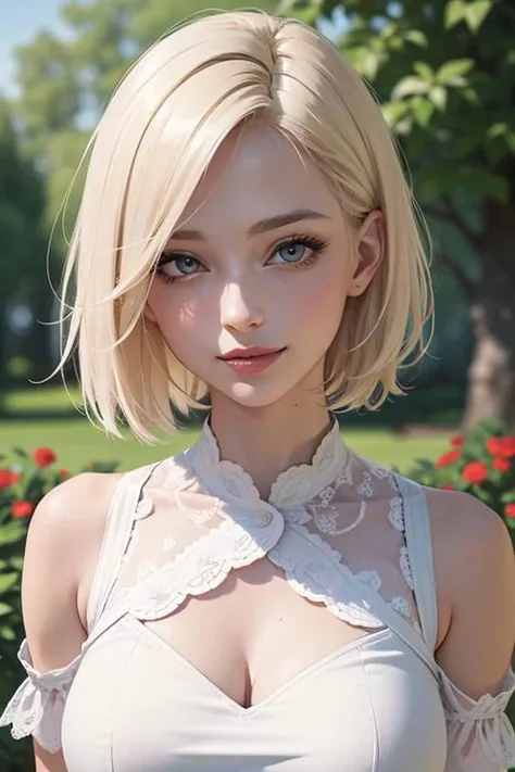 masterpiece, best quality, ultra-detailed, 8k, portrait, sharp focus, 1woman, platinum blonde hair, short hair, 32 years old, looking at viewer, smile, highly detailed skin, beautiful detailed face, seductive, hot, sexy, beautiful realistic eyes, pink full lips, bright vibrant lipstick, white collared shirt, depth of field, professional dslr photography, film grain, detailed garden background, intricate details