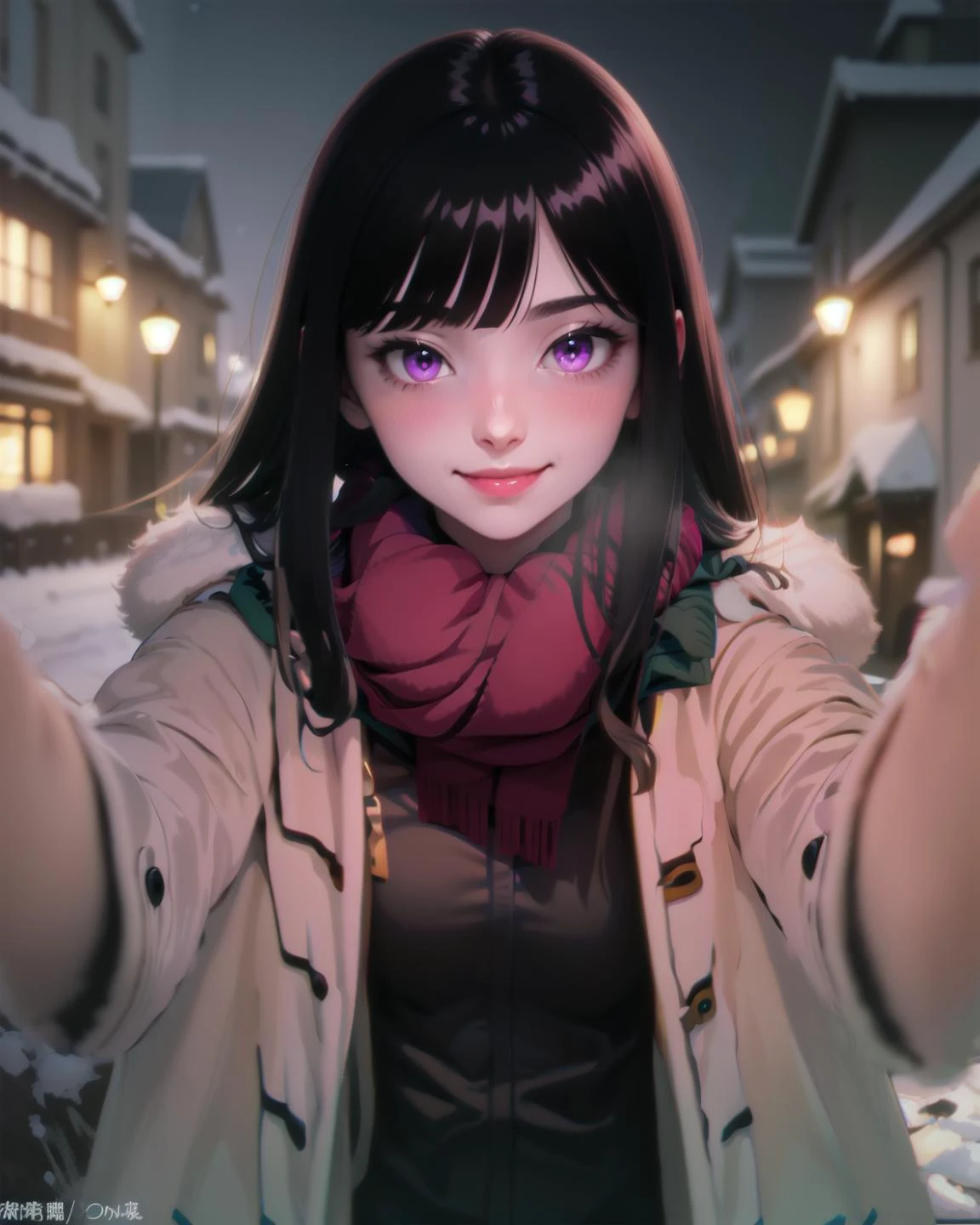 masterpiece, best quality, <lora:HD_Horizon_v1_0:1>
snow covered street at night <lora:Oryou:0.8> Oryou , black hair, purple eyes, IncrsChkWarmingMeme, pov , winter clothes , smile, blush, black scarf, red neckerchief, black serafuku, black shirt, red thighhighs <lora:PovCheekWarmingMeme:1>