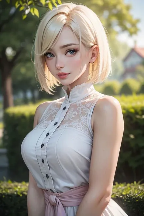 masterpiece, best quality, ultra-detailed, 8k, portrait, sharp focus, 1woman, platinum blonde hair, short hair, 32 years old, looking at viewer, smile, highly detailed skin, beautiful detailed face, seductive, hot, sexy, beautiful realistic eyes, pink full lips, bright vibrant lipstick, white collared shirt, depth of field, professional dslr photography, film grain, detailed garden background, intricate details