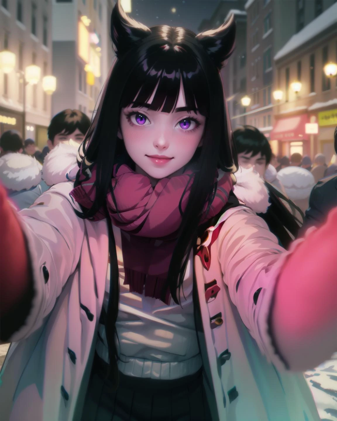 masterpiece, best quality, <lora:HD_Horizon_v1_0:1>
snow covered street at night <lora:Oryou:0.8> Oryou , black hair, purple eyes, IncrsChkWarmingMeme, pov , winter clothes , smile, blush, black scarf, red neckerchief, black serafuku, black shirt, red thighhighs <lora:PovCheekWarmingMeme:1>
