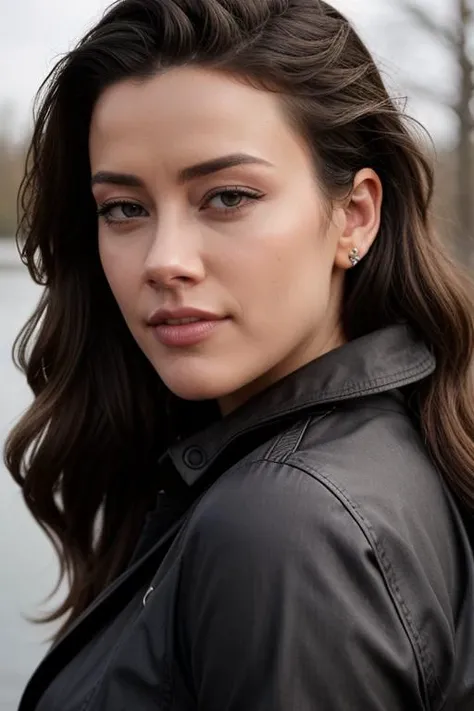 koh_amberheard black hair, Wears black jeans, a purple sweatshirt, and a denim jacket, eyeliner, purple lipstick, It's autumn, in a large park with trees and a lake, the leaves are falling, it's windy, posing, teasing, sexy ass, ultrahd, realistic, perfect face, perfect body, realistic, ultra-detailed face, ultra-detailed eyes