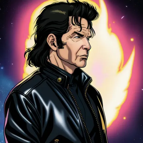 (80s anime style), Portrait of massive giant NeilBreen from the waist up,  wearing black leather jacket without a collar, the milky way galaxy, high detail,  in the style of Alex Grey artstation, Greg Rutkowski