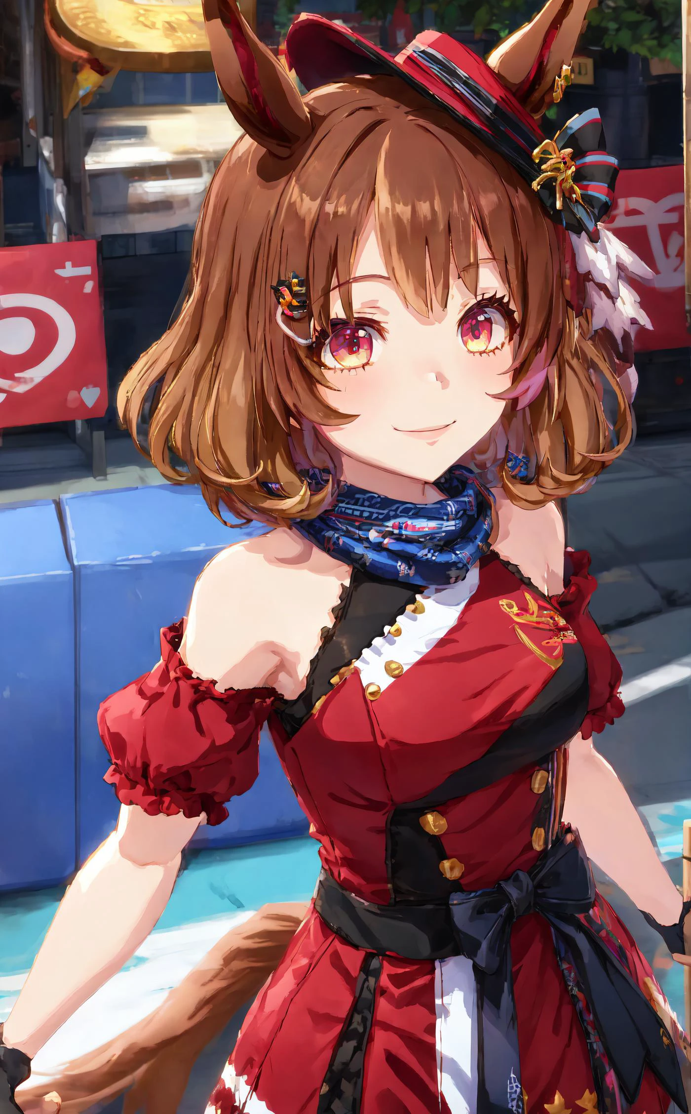 masterpiece, best quality,
north_flight \(umamusume\), 1girl, solo, mini hat, looking at viewer, medium hair, black gloves, horse tail, smile, hair ornament,bare shoulders, short sleeves, tilted headwear, ears through headwear, race clothes, scarf, back bow,red dress,
<lora:flat:-0.1> <lora:flat2:-0.1><lora:north_flight_v1.2:0.7>