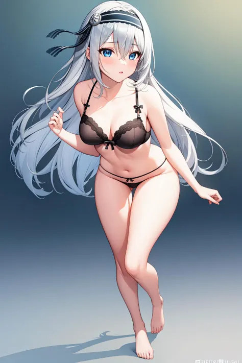 masterpiece, best quality, 1girl, solo, <lora:shirogane_kei_v10:0.6>, shirogane kei, blue eyes, long hair, bangs, grey hair, black hairband, hair between eyes, medium breasts, lingerie, full body