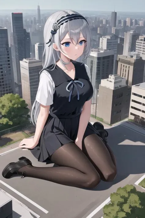 masterpiece,best quality, highres, kei1, 1girl, solo, blue eyes, long hair, white dress, short sleeves, ribbon, bangs, collarbone, grey hair, whte skirt, black hairband, black pantyhose, neck ribbon, hair between eyes, medium breasts, sailor collar, <lora:shirogane_kei_v10:0.7>, 
GTScity, 1girl, solo, (sitting on a building, sitting:1.3), buildingseat, building seat, looking down at viewer, in Tokyo, daytime, outdoors, detailed background, (fisheye:1.2), (perspective:1.3), full body, BREAK (16k, highres, high quality, masterpiece, ultra detailed, perfect lighting:1.1), <lora:GTSv5:1>, looking at viewer 
detailed eyes, perfect eyes, rampage:1.5, destruction:1.5, rampage, debris:1.5, broken buildings, destroyed buildings, destroyed road, destroyed cars, smoke, fire, rubble:1.3, cracks, crumbling buildings masterpiece, best quality, 1girl, solo,