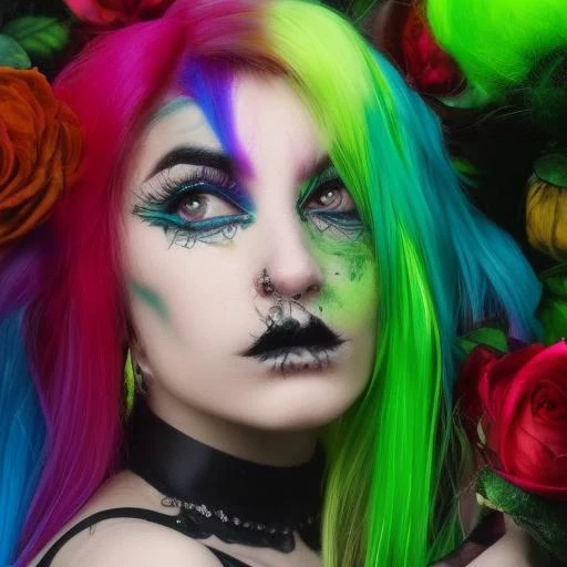 1girl, solo, portrait, extremely realistic photograph, mid length hair, roses, tan skin, rainbow hair, collarbone, goth dress, punk makeup, black eyeliner, gradient green lipstick, detailed eyes, octane render, daizky1