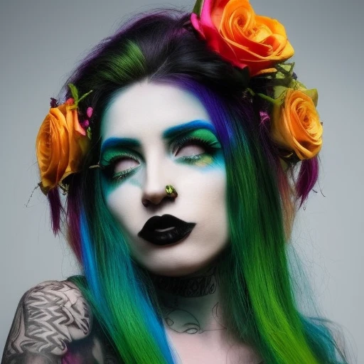 1girl, solo, portrait, extremely realistic photograph, mid length hair, roses, tan skin, rainbow hair, collarbone, goth dress, punk makeup, black eyeliner, gradient green lipstick, detailed eyes, octane render, daizky1