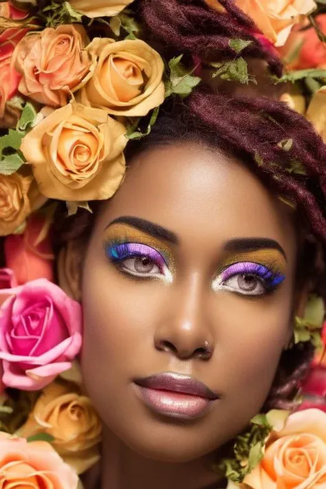 1girl, solo, african american, magazine photo, detailed beauty, portrait, extremely realistic photograph, mid length hair, roses, tan skin, rainbow hair, collarbone, detailed gold eyes, octane render, daizky1