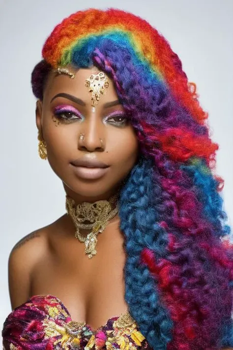 1girl, solo, african american, magazine photo, detailed beauty, portrait, extremely realistic photograph, mid length hair, roses, tan skin, rainbow hair, collarbone, detailed gold eyes, octane render, daizky1