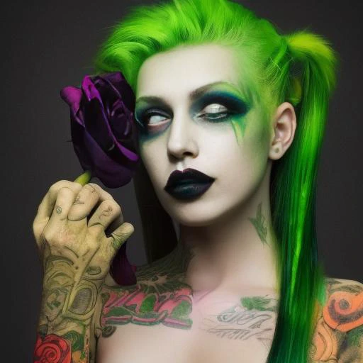 1girl, solo, portrait, extremely realistic photograph, mid length hair, roses, tan skin, rainbow hair, collarbone, goth dress, punk makeup, black eyeliner, gradient green lipstick, detailed eyes, octane render, daizky1