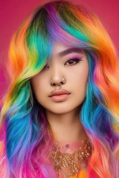 1girl, solo, asian american, magazine photo, detailed beauty, portrait, extremely realistic photograph, mid length hair, vaporwave elements, tan skin, rainbow hair, collarbone, detailed gold eyes, octane render, daizky1