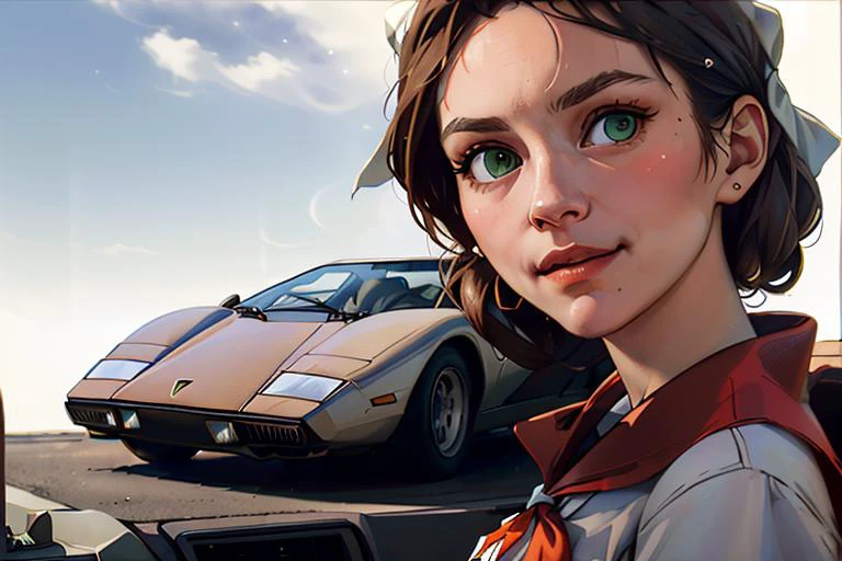 (hyperdetailed:1.2), (hyperrealistic:1.3), soviet, solo (Katj4Herb3rs01-1300), (dark brown school uniform:1.4), (big white bow in hair:1.4), (red neckerchief:1.3), (leaning forward:1.1), (downblouse view), (flirty smirk), (shy:-2), looking at camera, (Lamborghini Countach car behind on background, <lora:c0unt4ch:0.8>), outdoor, sky with little clouds, (hyperdetailed realistic skin texture:1.3), hyperdetailed face, (green eyes:1.2), (masterpiece, best quality:1.5), <lora:soviet-poster:0.6>, <lyco:GoodHands-beta2:1.0>