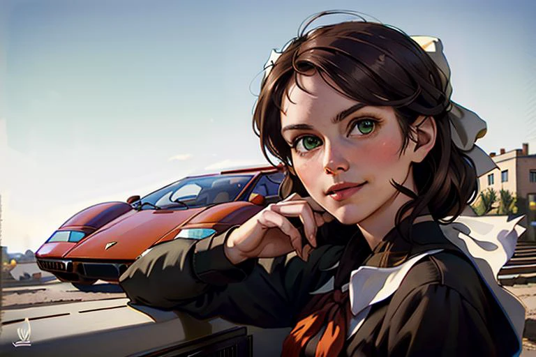 (hyperdetailed:1.2), (hyperrealistic:1.3), soviet, solo (Katj4Herb3rs01-1300), (dark brown school uniform:1.4), (big white bow in hair:1.4), (red neckerchief:1.3), (leaning forward:1.1), (downblouse view), (flirty smirk), (shy:-2), looking at camera, (Lamborghini Countach car behind on background, <lora:c0unt4ch:0.8>), outdoor, yard, sky with little clouds, (hyperdetailed realistic skin texture:1.3), hyperdetailed face, (green eyes:1.2), (masterpiece, best quality:1.5), <lora:soviet-poster:0.6>, <lyco:GoodHands-beta2:1.0>