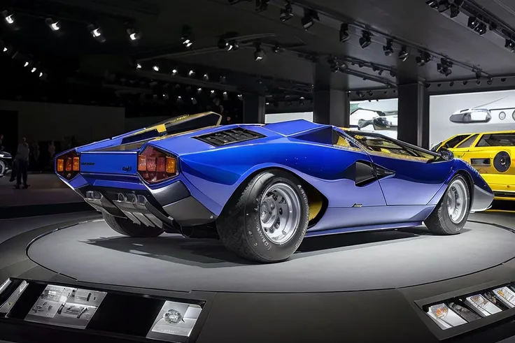 photo of a Lamborghini Countach car, at an auto show, dusk, High Detail, Sharp focus, ((photorealism:1.2)), realistic, best quality, high quality, highres, 8k, photo realistic, raw photo, (dutch angle:1.1), wide angle <lora:c0unt4ch:1>
