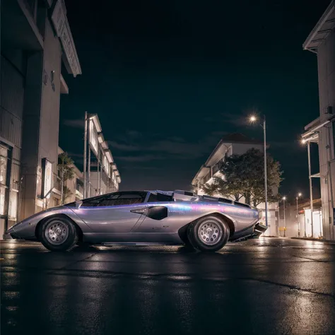 iridescent silver Lamborghini Countach car on a road, ((three quarter view)), ((side view of car)), sharp focus, masterpiece, best quality, official art, extremely detailed CG unity 8k wallpaper, illustration, moving, background motion blur, wet, (((NIGHT))),neon lights, drift, <lora:c0unt4ch:1>