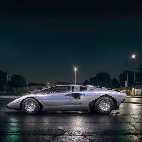 iridescent silver Lamborghini Countach car on a road, ((three quarter view)), ((side view of car)), sharp focus, masterpiece, best quality, official art, extremely detailed CG unity 8k wallpaper, illustration, moving, background motion blur, wet, (((NIGHT))),neon lights, drift,  <lora:c0unt4ch:1>