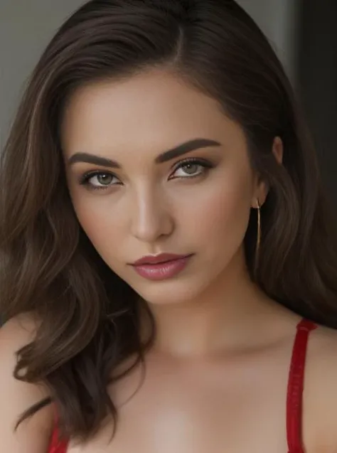 <lora:ESL:1> woman wearing a lingerie, brunette hair, amber eyes, long hair, hyper realistic, 4k, masterpiece, beautiful, facing the viewer, headshot, cleavage, dark lipstick, (((red))) lace bra