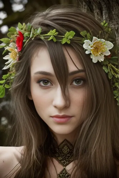 (headshot), Masterpiece, best quality, ((medieval)), (inside a flowering forest), moonlight,  BREAK
((clothes made out of leaves)), flower crown, ((druid)), (fantasy), vines, flowers, ((wearing only leaves, vines, and flowers)), BREAK
colorful leaves and flowers growing from hair, dungeons and dragons, BREAK
long hair, (straight hair),  pale  skin, fair skin, white skin, large breasts, BREAK
<lora:PO:1>