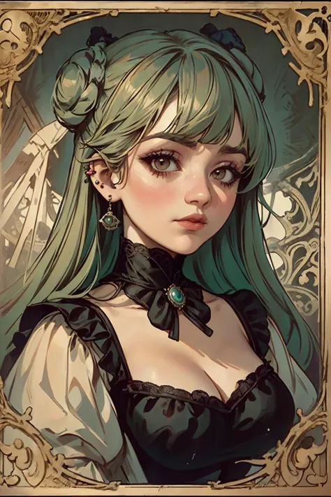 victorian_esoteric, victorian poster of a woman, (RSEEmma:1.5)<lora:RSERomantic_RSESofiko_RSEEmma-v1:0.3>, blunt bangs, green hair, twin buns, brown eyes, edgEarPiercing, ear piercing, earrings, full lips, <lora:Uva:0.8> <lora:weight_slider_v2:1> <lora:edgEarP_LoRA:0.7> <lora:victorian_esoteric-10:0.6> ethereal, lace, vintage, melancholic, elegant, ghostly, intricate, sepia tones, ornate frame, mysterious, faded, portrait, enigmatic, wistful, romantic, gothic, elaborate, Victorian era, dark beauty, time-worn, haunting allure, antique, captivating, Victorian fashion