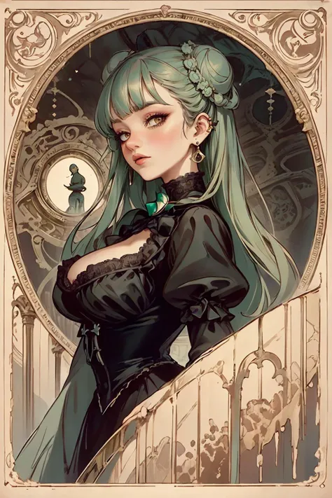 victorian_esoteric, victorian poster of a woman, (RSEEmma:1.5)<lora:RSERomantic_RSESofiko_RSEEmma-v1:0.3>, blunt bangs, green hair, twin buns, brown eyes, edgEarPiercing, ear piercing, earrings, full lips, <lora:Uva:0.8> <lora:weight_slider_v2:1> <lora:edgEarP_LoRA:0.7> <lora:victorian_esoteric-10:0.6> ethereal, lace, vintage, melancholic, elegant, ghostly, intricate, sepia tones, ornate frame, mysterious, faded, portrait, enigmatic, wistful, romantic, gothic, elaborate, Victorian era, dark beauty, time-worn, haunting allure, antique, captivating, Victorian fashion