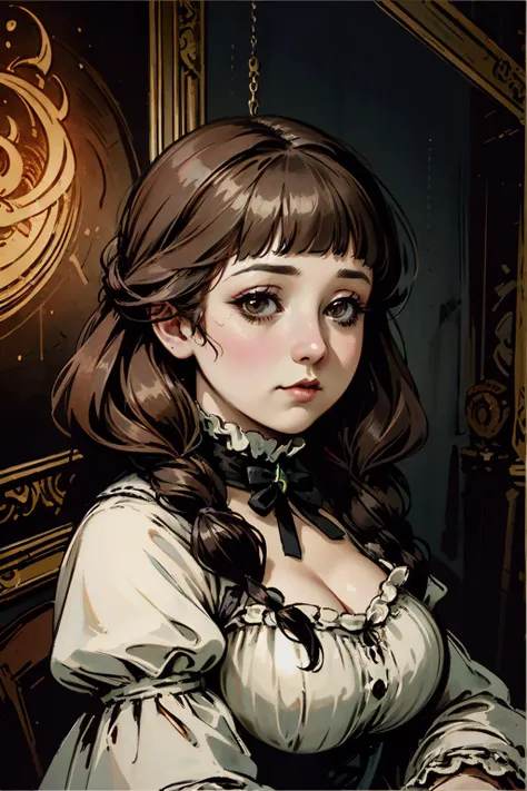victorian_esoteric, victorian poster of a woman, (RSEEmma:1.5),<lora:RSERomantic_RSESofiko_RSEEmma-v1:0.3>, brown hair, blunt bangs, twin braids, <lora:Jasmine:0.8> <lora:weight_slider_v2:1.15><lora:victorian_esoteric-10:0.6> ethereal, lace, vintage, melancholic, elegant, ghostly, intricate, sepia tones, ornate frame, mysterious, faded, portrait, enigmatic, wistful, romantic, gothic, elaborate, Victorian era, dark beauty, time-worn, haunting allure, antique, captivating, Victorian fashion