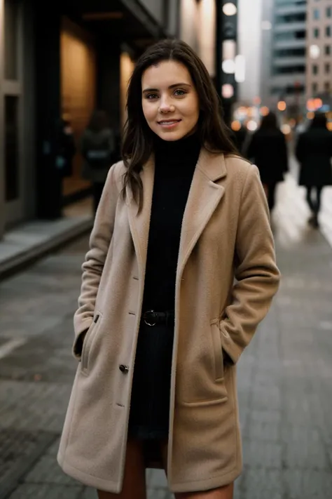 photo of 1girl, Overcoat, upper body, street, soft lighting, eye level, <lora:Nadine:1>