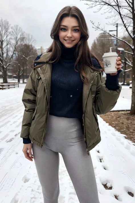 A woman in a green jacket holding a cup of coffee - SeaArt AI
