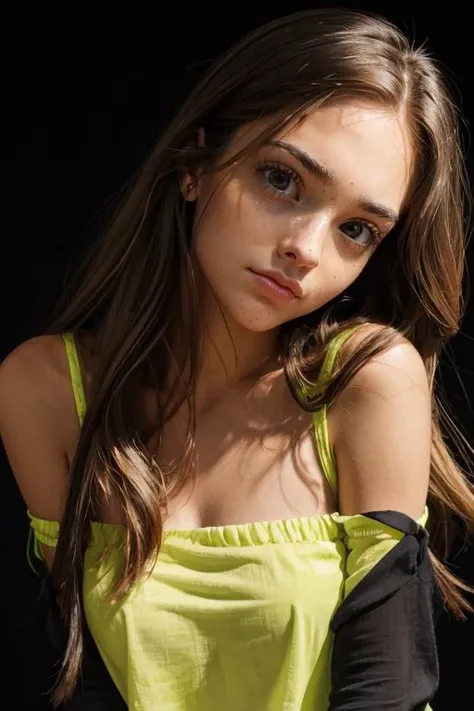 <lora:Dalia:.7>, simple background, dark background, upper body, at front, portrait, <lora:GoodHands-vanilla:0.8> better_oppai, Lime Green blouse, long hair,
The face is devoid of any smile or frown, presenting a neutral mask, looking straight ahead.