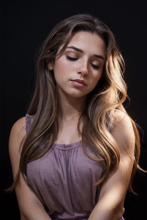 <lora:Jasmine:.7>, simple background, dark background, upper body, at front, portrait, <lora:GoodHands-vanilla:0.8> better_oppai, Light purple blouse, long hair
Closed eyes and a gentle crease between the brows, reflecting a moment of deep thought and contemplation.
