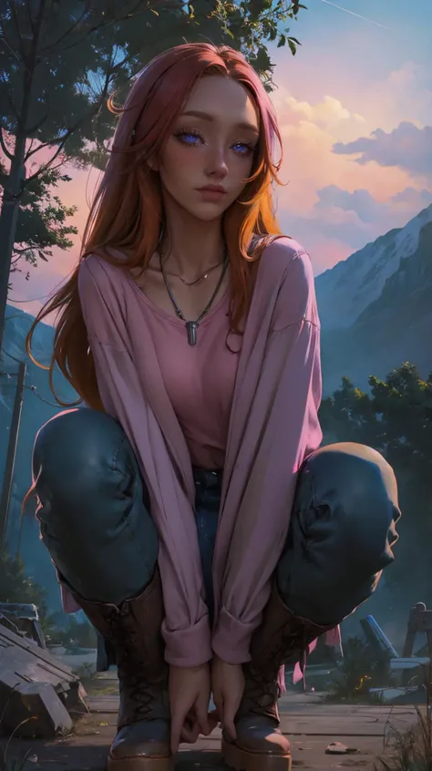 concept art (detailed eyes:1.3), Beautiful Lighting, (real skin), cowboy shot, mountain,
1girl, knees to chest, solo, collarbone, yellow eyes, looking down, boots, blue footwear, dress, red hair, full body, outdoors, sky, day, tree, one side up, squatting, pink dress, oversized clothes, eyebrows, eyelashes
<lora:MYM:1> woman, blue, shirt, pink, necklace, sky . digital artwork, illustrative, painterly, matte painting, highly detailed