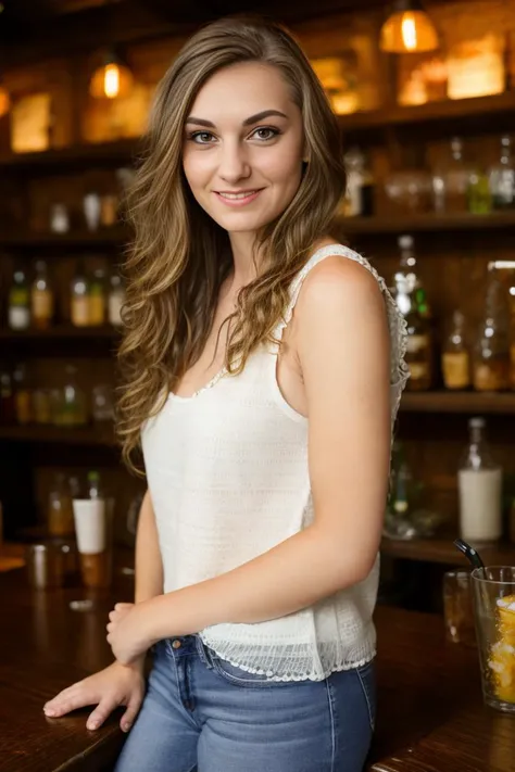 1girl, beautiful, (facing the viewer), standing ((behind)) a bar, at a ((bar)), ultra skin texture, BREAK
hands on counter, cleaning a cup, leaning forward, glasses, ((restaurant)), looking at the camera, eye contact BREAK
elegant blouse, downblouse, BREAK
makeup, long straight hair, pale skin, fair skin, white skin, BREAK
<lora:HJH:1> <lora:RealDownblouse15_v2.50:1>