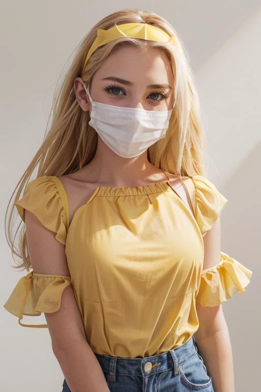 <lora:Olivia:.7>, simple background, upper body, at front, portrait, <lora:GoodHands-vanilla:0.8> better_oppai, Lemon Yellow blouse, long hair,
A cloth mask covers the lower half of the face, with adjustable straps that go behind the ears. The mask is made of a soft, stretchy material and has a filter pocket for added protection. The fabric is plain and understated.
