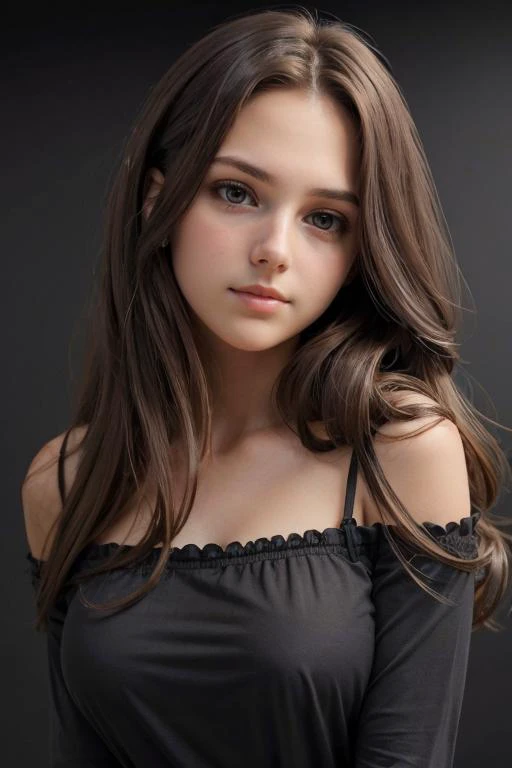 <lora:Violet:.7>, simple background, dark background, upper body, at front, portrait, <lora:GoodHands-vanilla:0.8> better_oppai,  Dark Gray blouse, long hair, 
The cheeks are smooth, without any indication of a smile or frown, as the face faces forward.