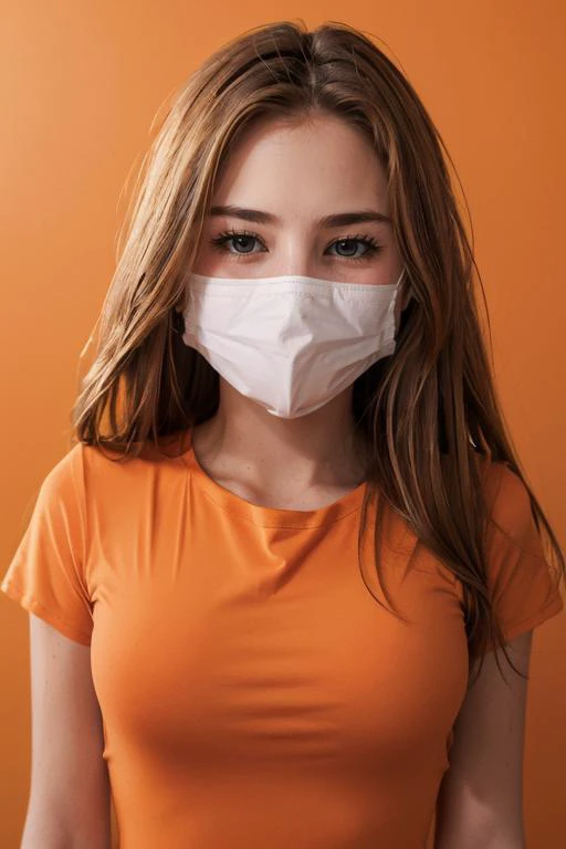 <lora:Olivia:.7>, simple background, upper body, at front, portrait, <lora:GoodHands-vanilla:0.8> better_oppai, Bright Orange blouse, shirt, long hair,
The face is obscured by a surgical mask, which covers the nose and mouth completely. The mask has a three-layer design for optimal filtration and is made of a breathable material. The mask's ear loops are stretchy and comfortable.