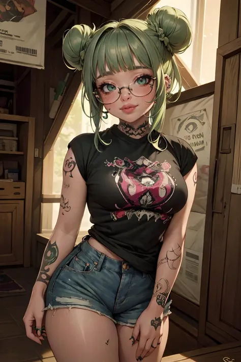 highres, masterpiece, perfect lighting, bloom, cinematic lighting, adult, female, looking at viewer, cowboy shot, (RSEEmma:1.5)<lora:RSERomantic_RSESofiko_RSEEmma-v1:0.3>, blunt bangs, black hair:green hair, twin buns, glasses, punk, jean shorts, (piercings, tattoo), full lips, :), smile, <lora:Uva:0.8> <lora:weight_slider_v2:1>, <lora:punk_v0.2:0.8>