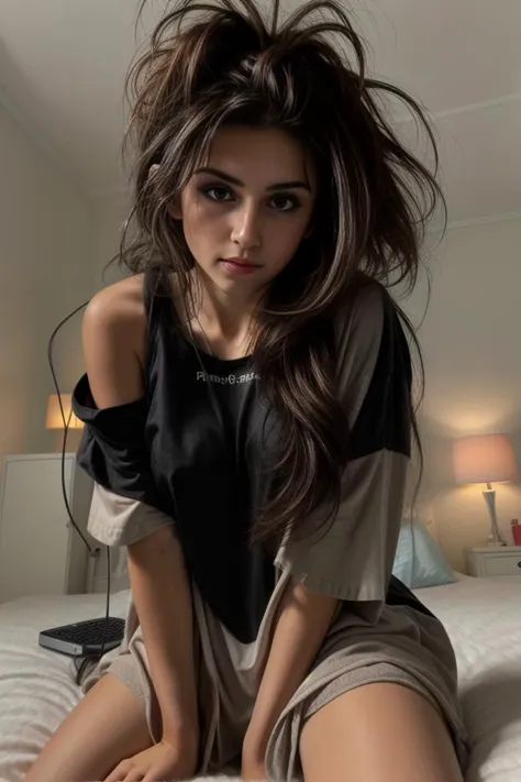 woman wearing a ((oversized t-shirt:1.2)), ((messy hair, bedhead)), long hair, hyper realistic, 4k, medium breasts, masterpiece, beautiful, facing the viewer, headshot, cleavage, pale skin, fair skin, ((nasolabial folds)), skin colored lipstick, DSLR RAW PHOTO, 8K, POV, canon 5d, 85mm, ((bedroom, early morning, sitting on a bed, dim lights, black background)), smirk, sexy pose, AS-Adult, BREAK
from below, BREAK
<lora:Lily:1> <lora:more_details:0.5> <lyco:GoodHands-beta2:1.0> , <lora:PerfectFullBreasts-fCV3.5:1.0>,