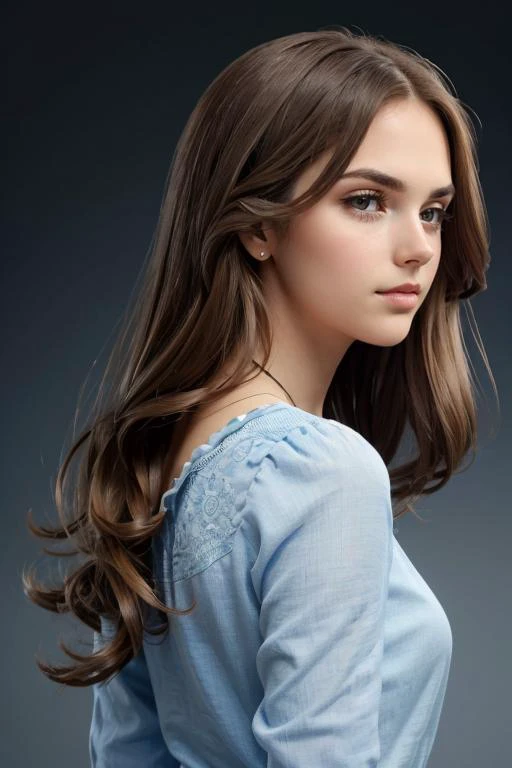 <lora:Violet:.7>, simple background, dark background, upper body, at front, portrait, <lora:GoodHands-vanilla:0.8> better_oppai,  Light blue blouse, long hair, 
The side view shows eyes looking forward, maintaining a balanced look.