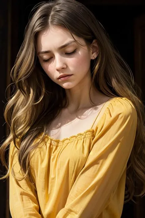 <lora:Quinn:.7>, simple background, dark background, upper body, at front, portrait, <lora:GoodHands-vanilla:0.8> better_oppai, Bright Yellow blouse, long hair
Furrowed brows and pursed lips, the closed eyes hinting at a deep inner struggle and contemplation.