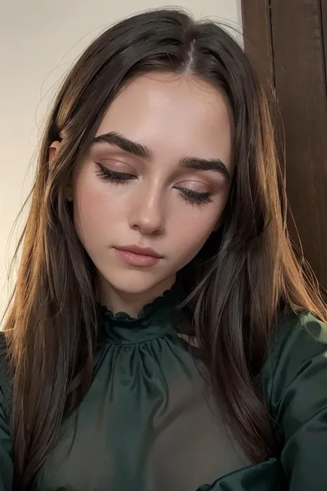<lora:Iris:.7>, simple background, dark background, upper body, at front, portrait, <lora:GoodHands-vanilla:0.8> better_oppai, Jade Green blouse, long hair
Closed eyes and a subtle furrow of the brows, conveying a touch of concern or thoughtful consideration.