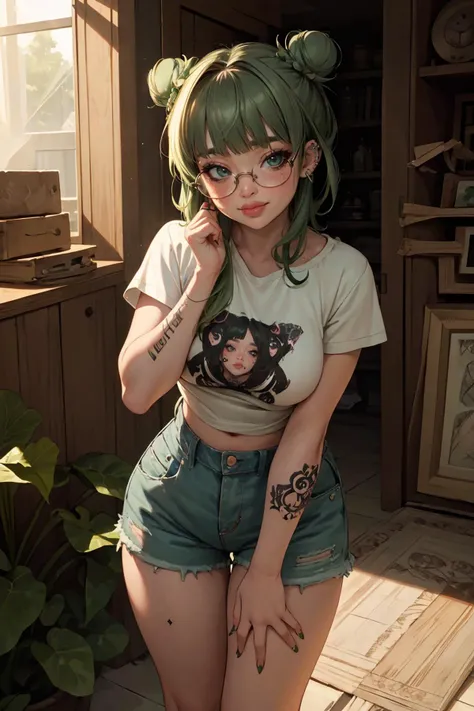 highres, masterpiece, perfect lighting, bloom, cinematic lighting, adult, female, looking at viewer, cowboy shot, (RSEEmma:1.5)<lora:RSERomantic_RSESofiko_RSEEmma-v1:0.3>, blunt bangs, black hair:green hair, twin buns, glasses, punk, jean shorts, (piercings, tattoo), full lips, :), smile, <lora:Uva:0.8> <lora:weight_slider_v2:1>, <lora:punk_v0.2:0.8>