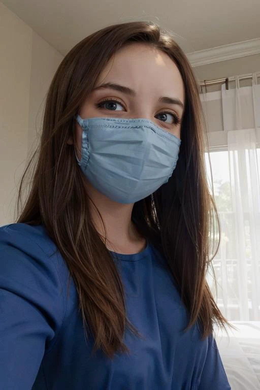<lora:Ellen:.7>, simple background, upper body, at front, portrait, <lora:GoodHands-vanilla:0.8> better_oppai, Malibu Blue blouse, long hair,
A surgical mask securely covers the nose and mouth, with the top edge just below the eyes and the bottom edge extending to cover the chin. The mask's material is smooth and slightly pleated, indicating its disposable nature. The mask has elastic ear loops to keep it in place.