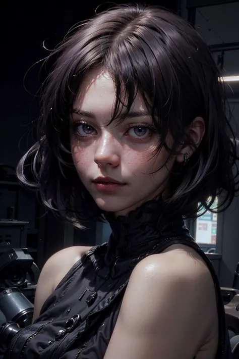 highres, masterpiece, perfect lighting, bloom, cinematic lighting, adult, female, looking at viewer, portrait, (RSEEmma:1.5)<lora:RSERomantic_RSESofiko_RSEEmma-v1:0.3>, goth girl, goth makeup, pale skin, bangs, short hair, jet black hair, purple eyes, scowl, <lora:Zinnia:0.8> <lora:weight_slider_v2:-0.5>