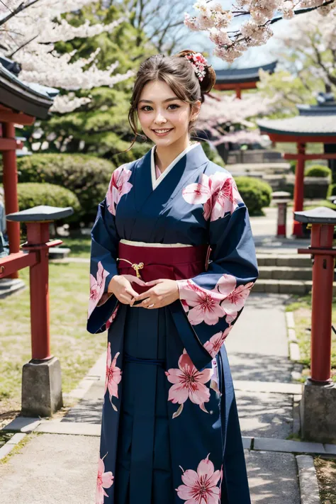 jyojifuku, furisode, hakama, floral print, hair ornament, outside, cherry blossoms, red torii, sunny, high quality, masterpiece, <lora:jyoji fuku v16.0:.5>
<lora:KFE:.7>, blue eyes, brown hair, looking at viewer, serious, smiling, standing, hands together,