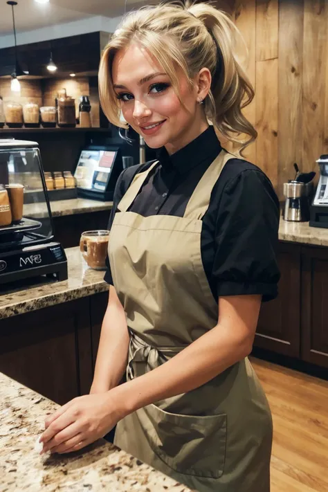 <lora:Uva:.7>, blonde hair, brown eyes, ponytail, apron, black shirt, rolled sleeves, looking at viewer, smiling, medium shot, standing, inside cafe, behind counter, barista, warm ambiance, high quality, masterpiece,