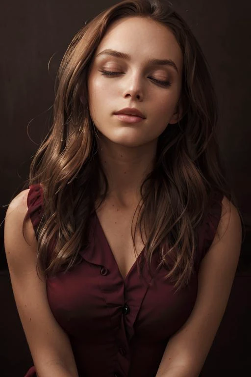 <lora:Yuzu:.7>, simple background, dark background, upper body, at front, portrait, <lora:GoodHands-vanilla:0.8> better_oppai, Ruby Red blouse, long hair
Closed eyes and a serene expression, the face bathed in the soft glow of inner tranquility.