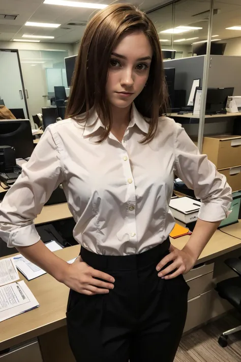 European woman, closeup, sandals, (shirt), pants, (office cubicle), ZM_mary, wide shoulders, perfect face, (contact iris: 1.1), pale skin, skin pores , depth of field