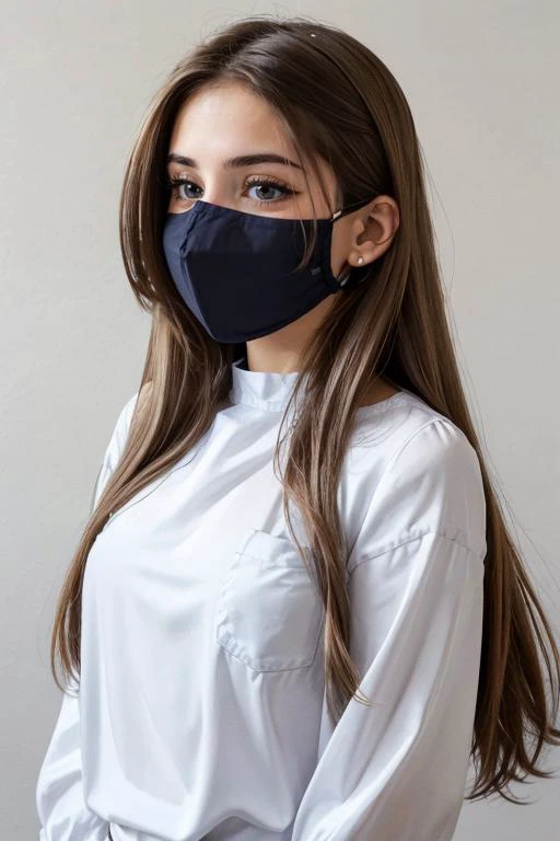 <lora:Lily:.7>, simple background, upper body, at front, portrait, <lora:GoodHands-vanilla:0.8> better_oppai, Aluminum blouse, shirt, long hair,
A cloth mask is worn, with a snug fit over the nose and mouth. The mask has adjustable straps that go behind the ears and a pocket for a filter. The fabric is soft and washable, making it reusable.